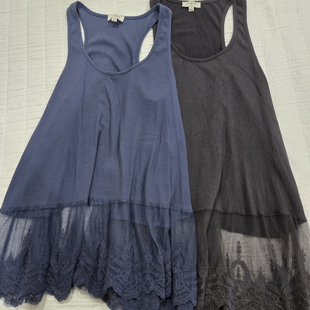 Umgee Navy and Charcoal Layered Lace-Hem Tank Tops